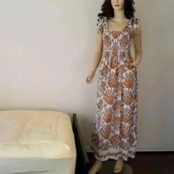 DRESS Max Studio Tie Strap Smocked Large Cream/Orange Paisley Wallpaper - Picture 2 of 7